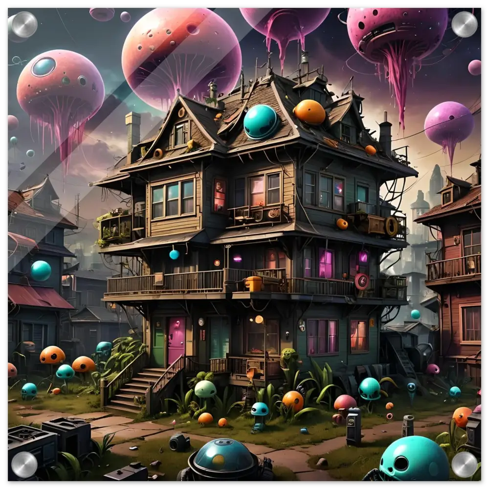 Whimsical multi-story psychedelic Mushroom House with alien-like orbs wall art
