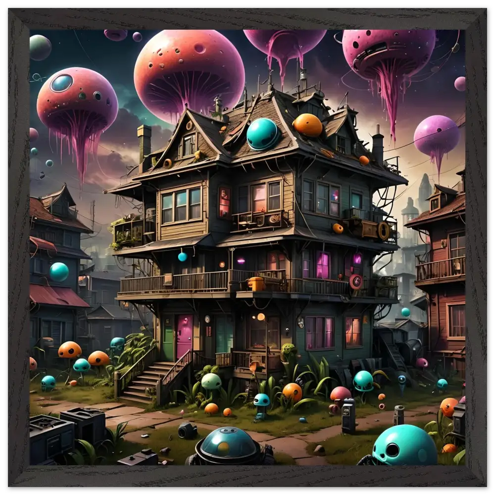 Whimsical three-story Trippy Mushroom House with floating jellyfish-like orbs in psychedelic sci-fi wall art
