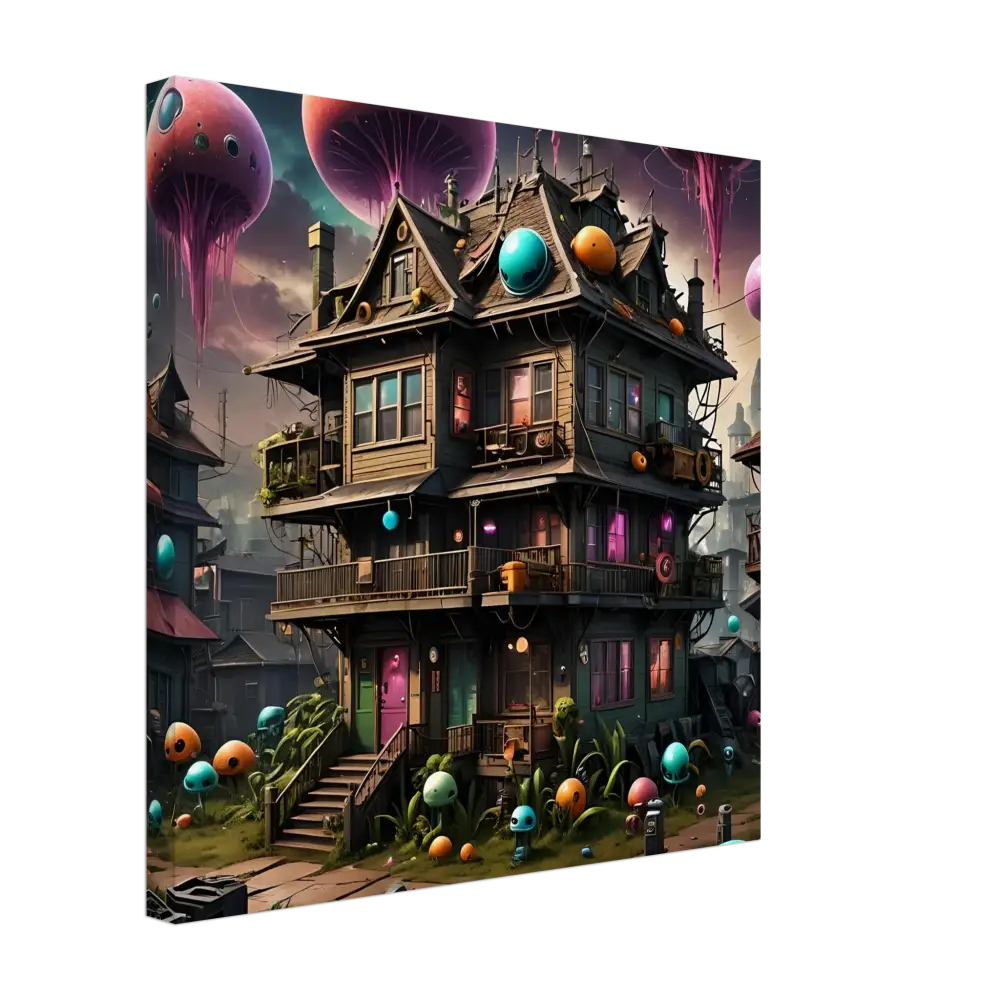 Colorful whimsical three-story Mushroom House psychedelic sci-fi wall art piece