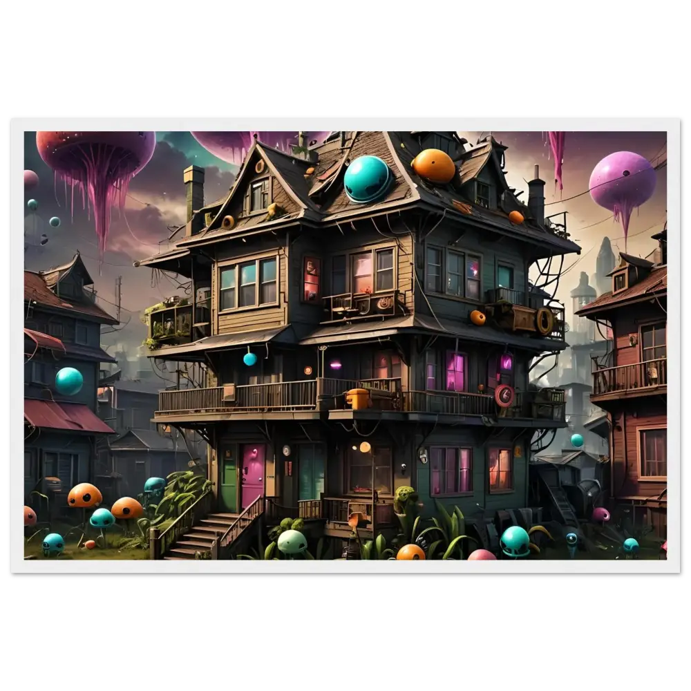 Colorful whimsical multi-story Mushroom House in psychedelic sci-fi wall art scene