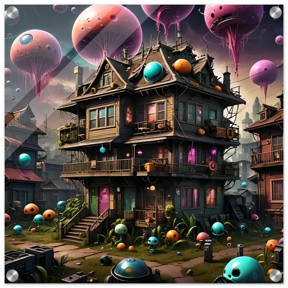 Whimsical multi-story Trippy Mushroom House with alien-like orbs psychedelic wall art