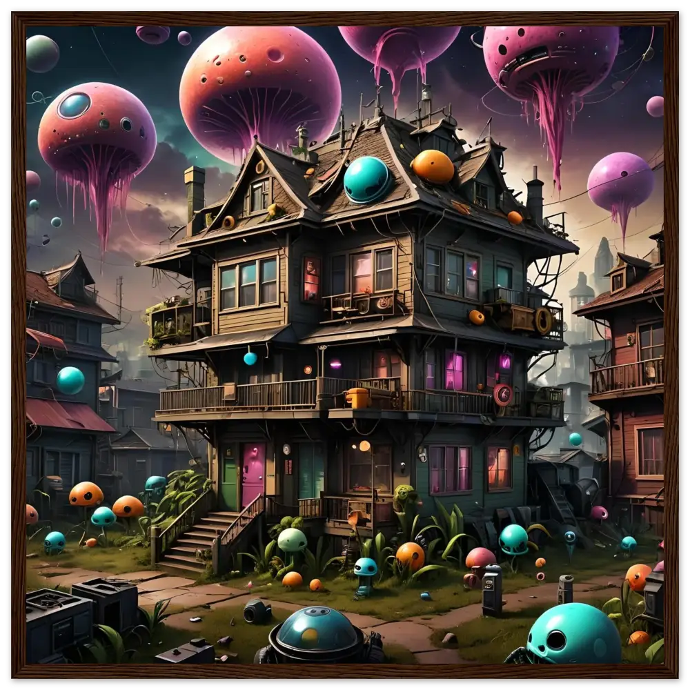 Whimsical three-story house with floating jellyfish-like orbs in Psychedelic Sci-Fi Wall Art