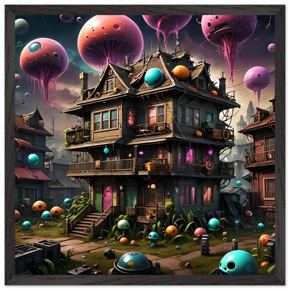 Whimsical three-story Mushroom House with alien-like orbs in psychedelic Sci-Fi Wall Art