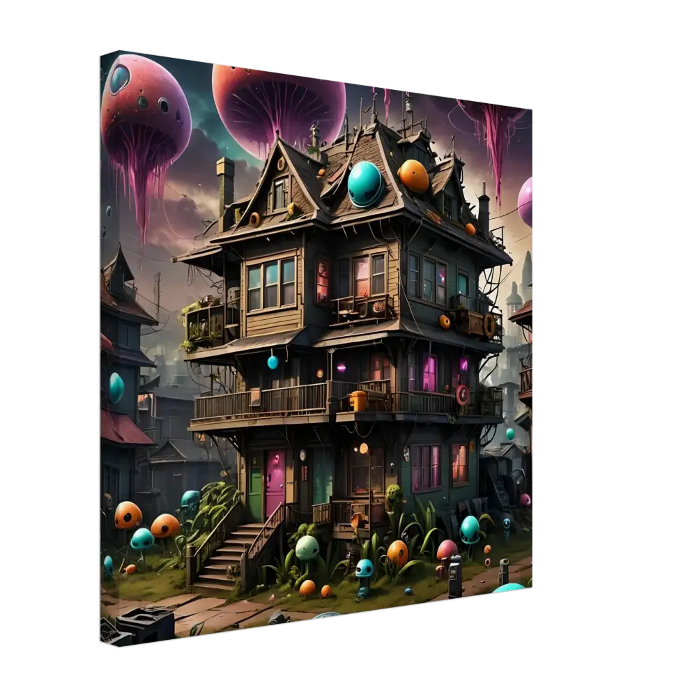 Whimsical three-story Mushroom House with colorful accents, suitable for Psychedelic Sci-Fi Wall Art