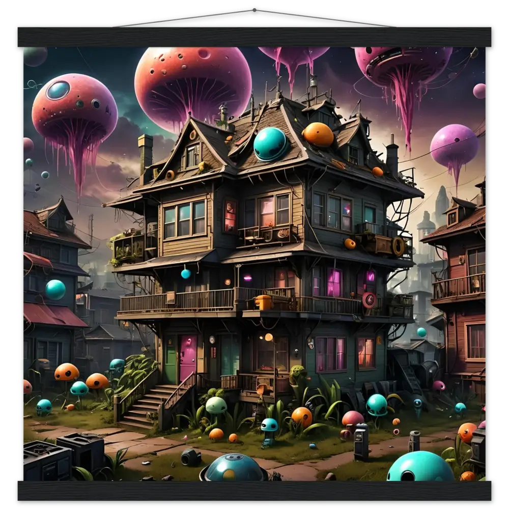 Whimsical multi-story Trippy Mushroom House with surreal floating orbs Psychedelic Wall Art