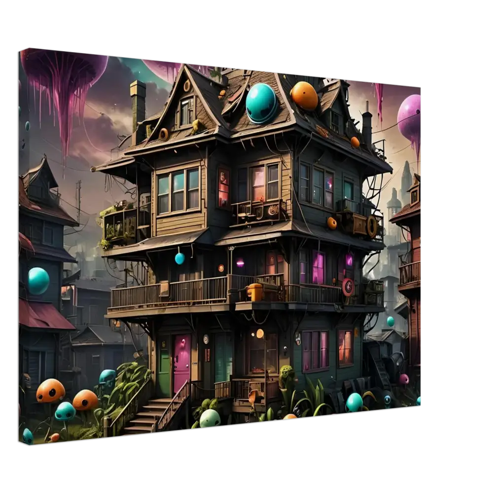 Whimsical multi-story mushroom house with colorful accents for Psychedelic Sci-Fi Wall Art