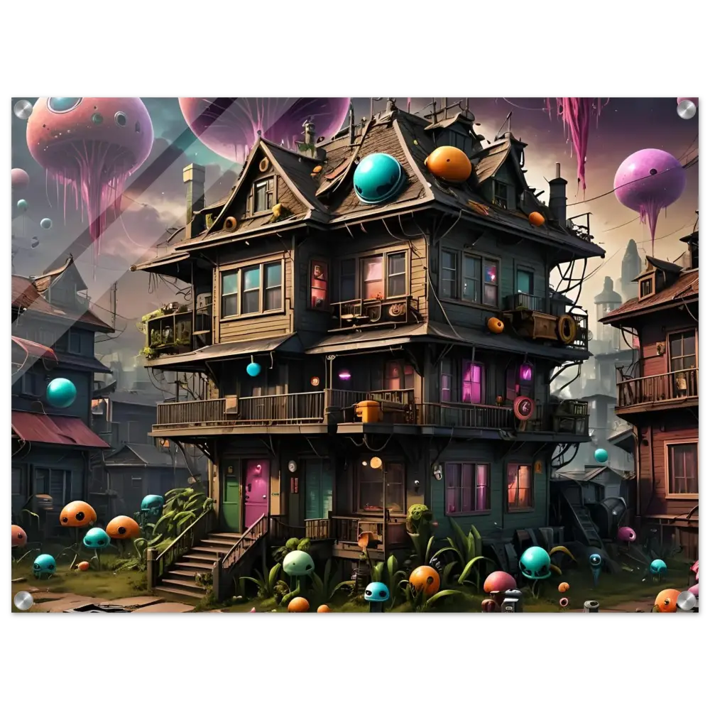 Colorful whimsical multi-story Mushroom House with vibrant orbs for Psychedelic Sci-Fi Wall Art