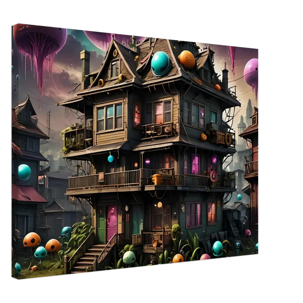 Whimsical multi-story house with colorful accents from Psychedelic Sci-Fi Wall Art