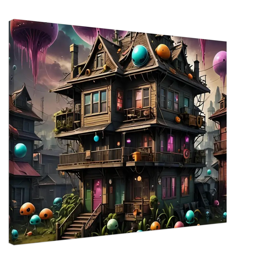 Whimsical multi-story psychedelic mushroom house with colorful accents for Sci-Fi Wall Art