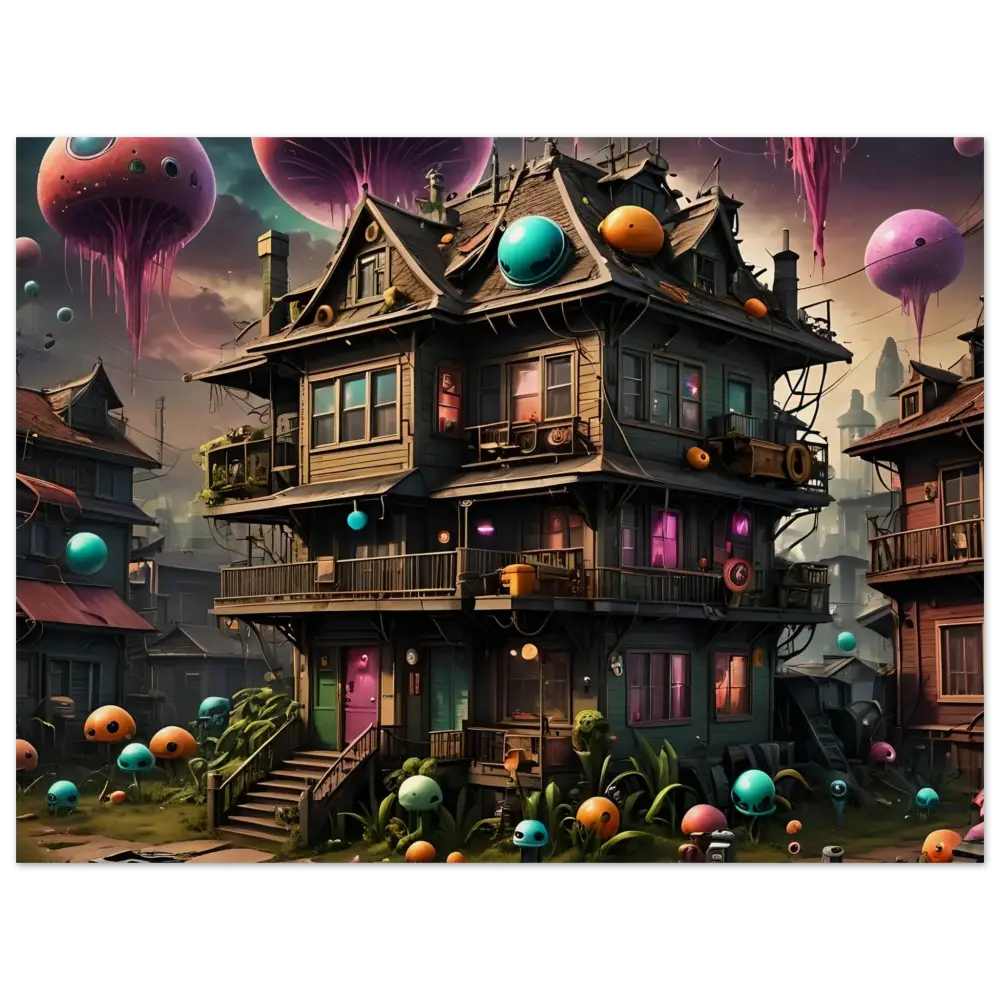 Whimsical multi-story house with colorful orbs art for Trippy Mushroom House wall decor