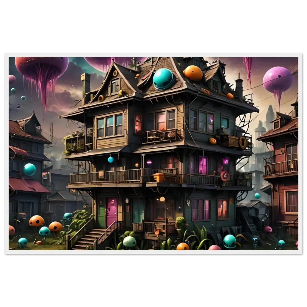 Colorful whimsical three-story mushroom house with vibrant orbs for Psychedelic Sci-Fi Wall Art