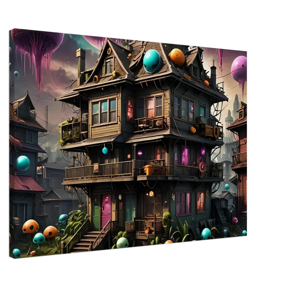 Whimsical multi-story Trippy Mushroom House with colorful surreal decorations for Psychedelic Sci-Fi Wall Art
