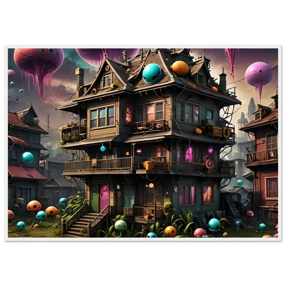 Whimsical multi-story house with colorful orbs in Psychedelic Sci-Fi Wall Art