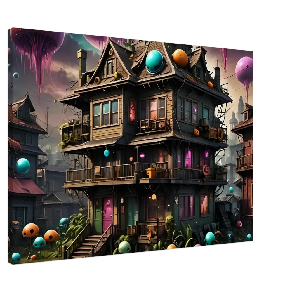Whimsical multi-story Trippy Mushroom House with colorful orbs for Psychedelic Sci-Fi Wall Art