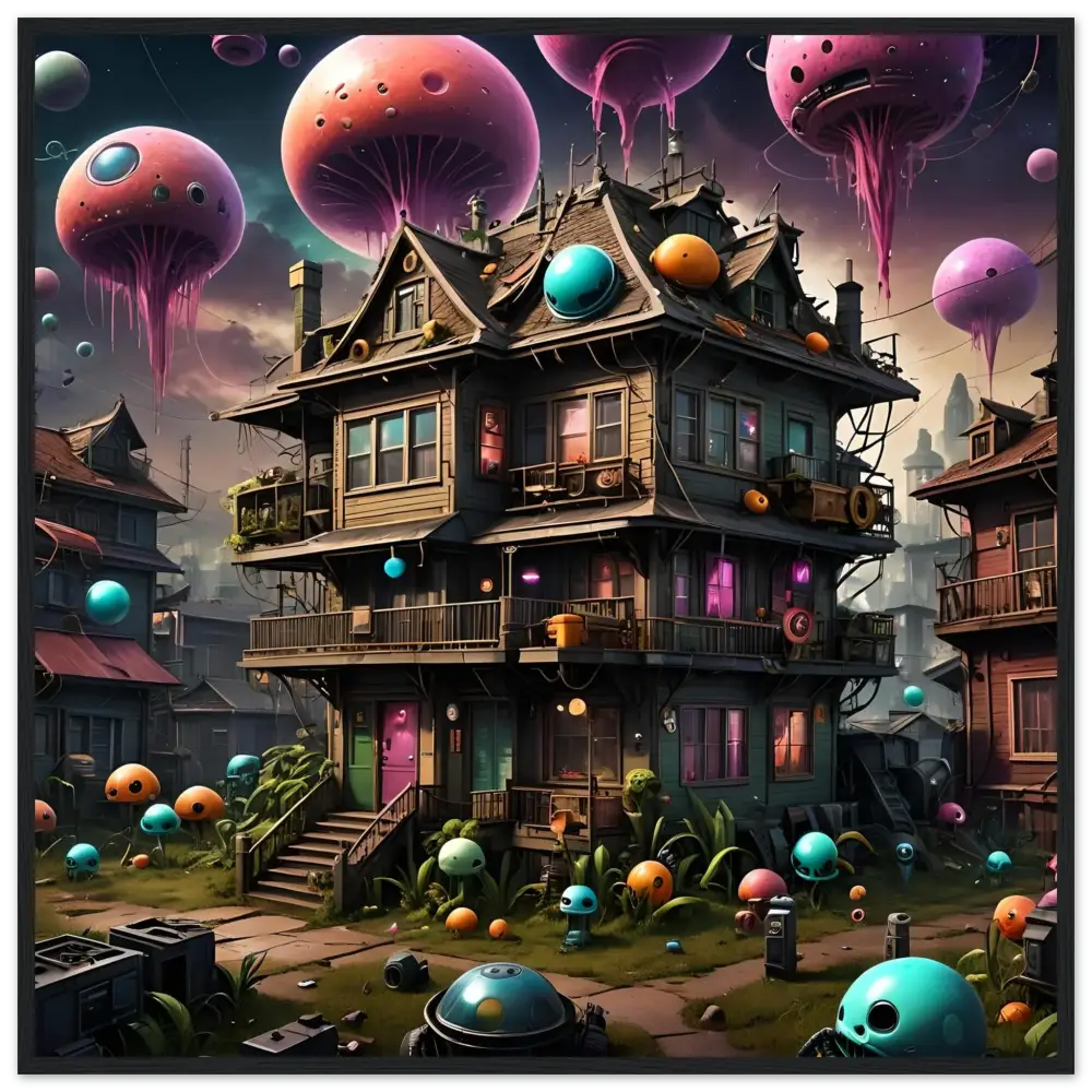 Whimsical three-story house with floating jellyfish-like orbs in Psychedelic Sci-Fi Wall Art