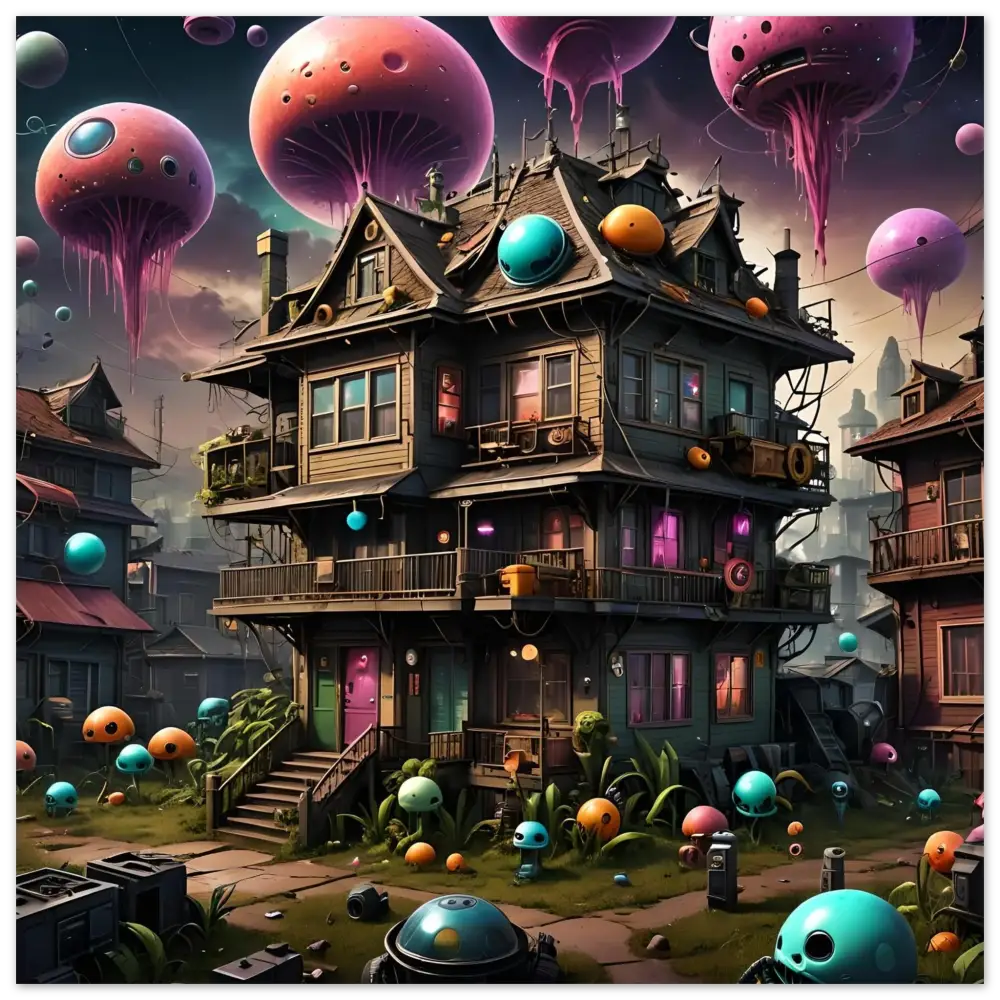 Whimsical three-story Mushroom House with floating Jellyfish-like Orbs in Psychedelic Wall Art