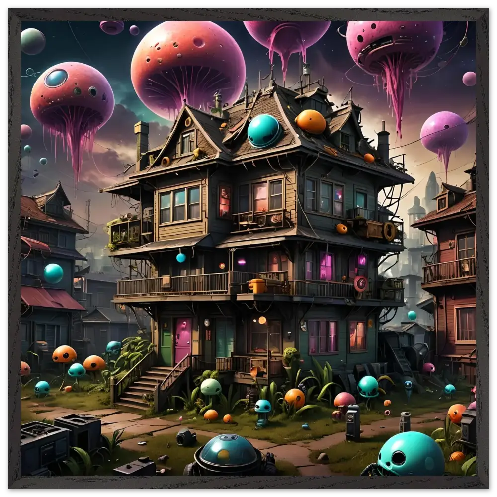 Whimsical three-story mushroom house with alien-like orbs in psychedelic sci-fi wall art