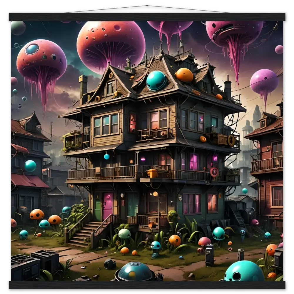 Whimsical multi-story Trippy Mushroom House with floating jellyfish-like orbs wall art