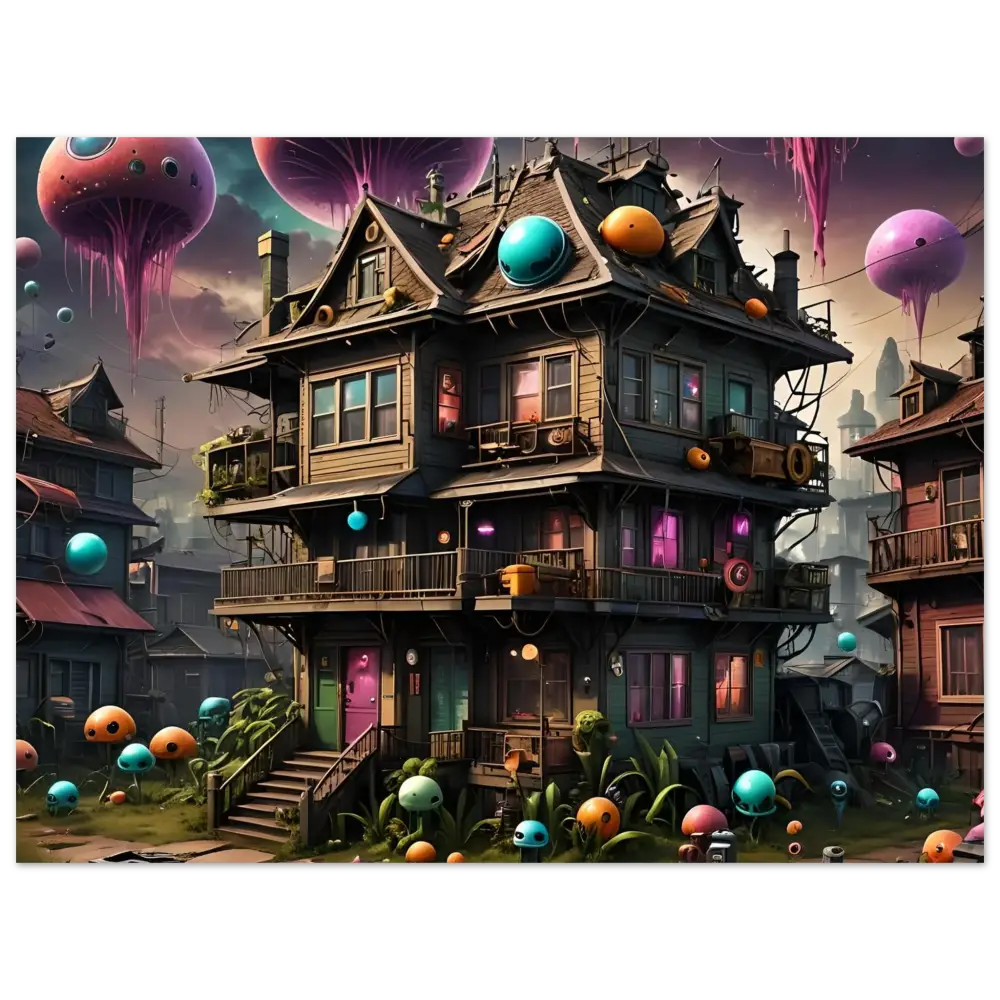 Whimsical multi-story house with surreal orbs in Trippy Mushroom House Psychedelic Wall Art