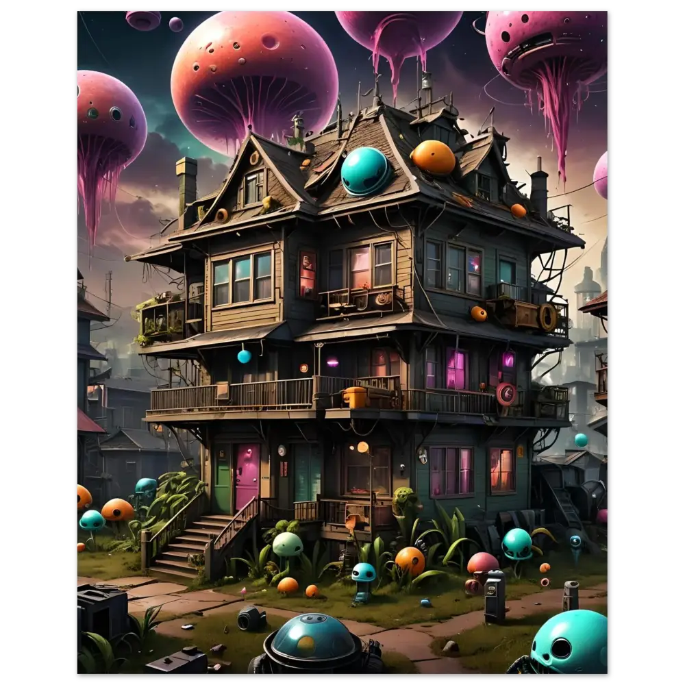 Whimsical multi-story Trippy Mushroom House with floating jellyfish-like orbs wall art
