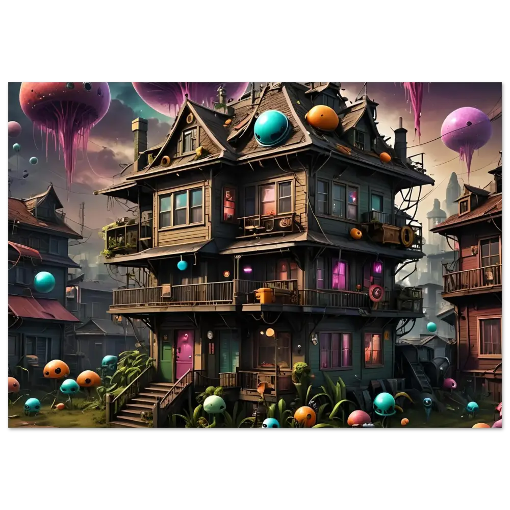 Whimsical multi-story house with colorful orbs in psychedelic Trippy Mushroom House Wall Art