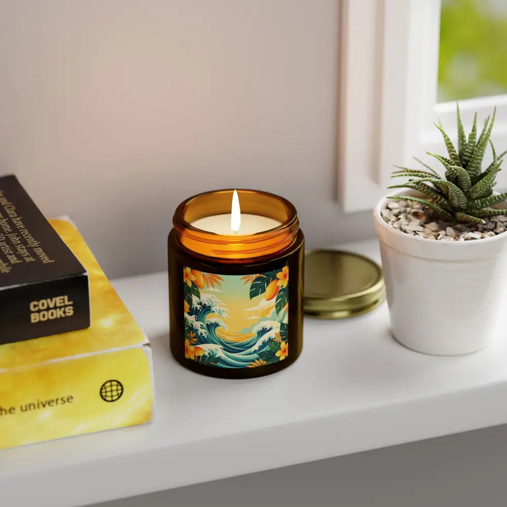 Burning tropical-themed Mango Coconut scented candle in PixiOnyx Aromatherapy Jar