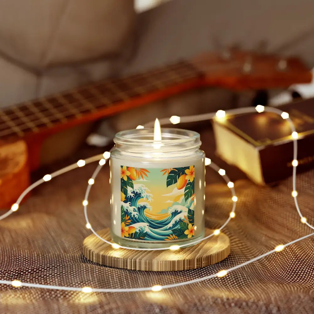 Burning tropical-themed Mango Coconut Escape Scented Candle in PixiOnyx Aromatherapy Jar