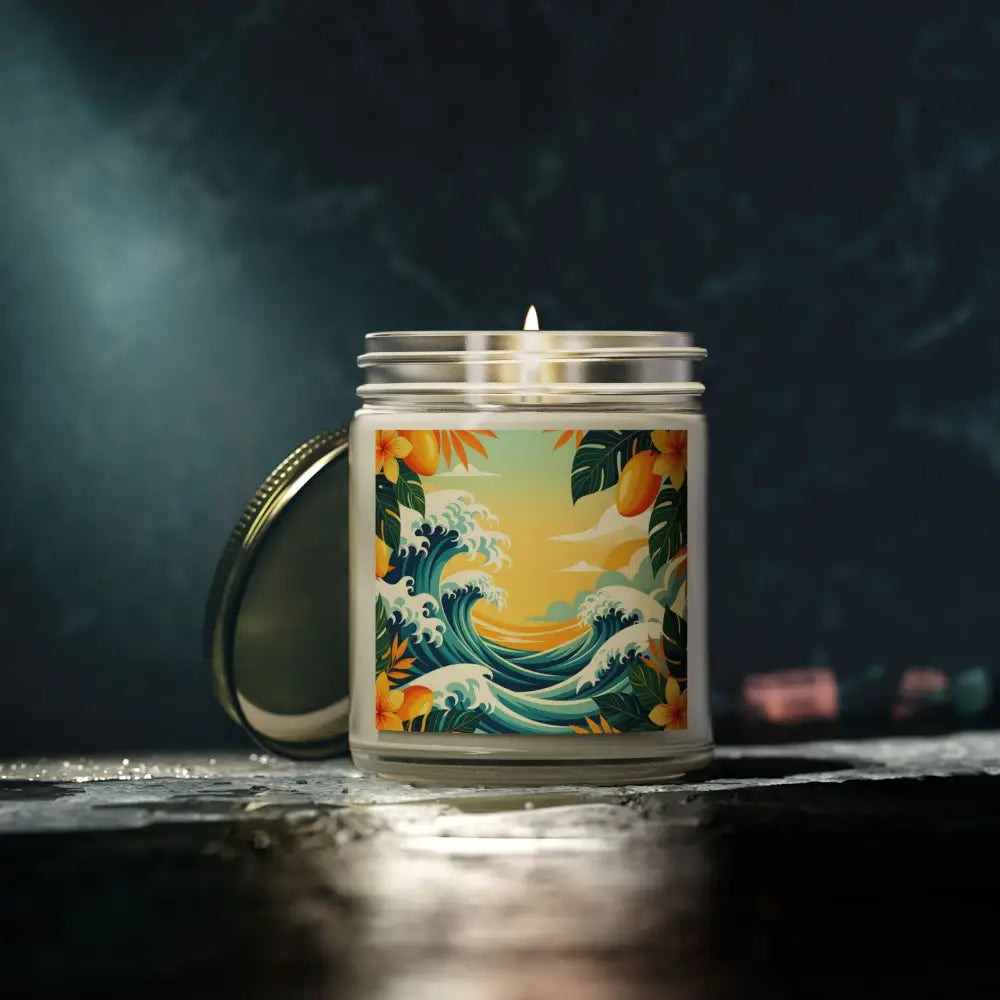 Tropical wave scented candle in Mango Coconut Escape aroma by PixiOnyx Aromatherapy jar