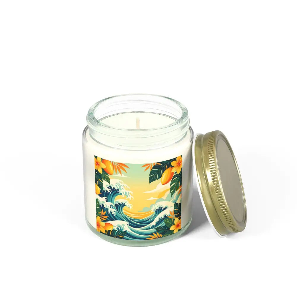 Tropical Scented Candle in glass jar with gold lid featuring Mango and Coconut aroma