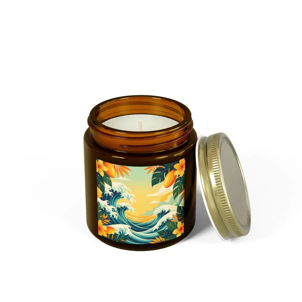 Amber jar candle with Tropical wave design from PixiOnyx Aromatherapy Mango Coconut Escape