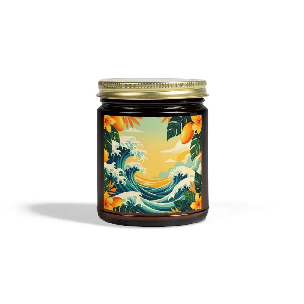 Tropical-themed candle jar with Mango and Coconut scent from PixiOnyx Aromatherapy