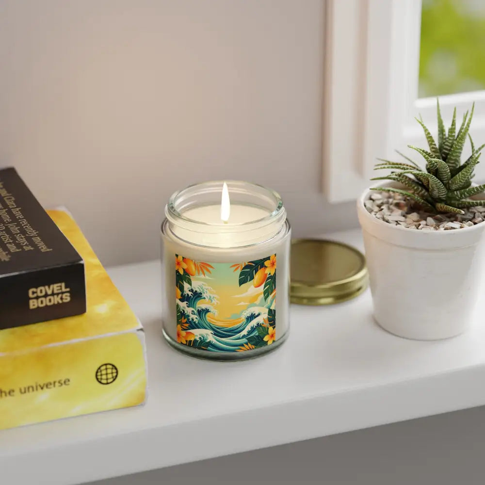 Tropical Scented Candle Mango Coconut Escape with wave design in Aromatherapy Jar