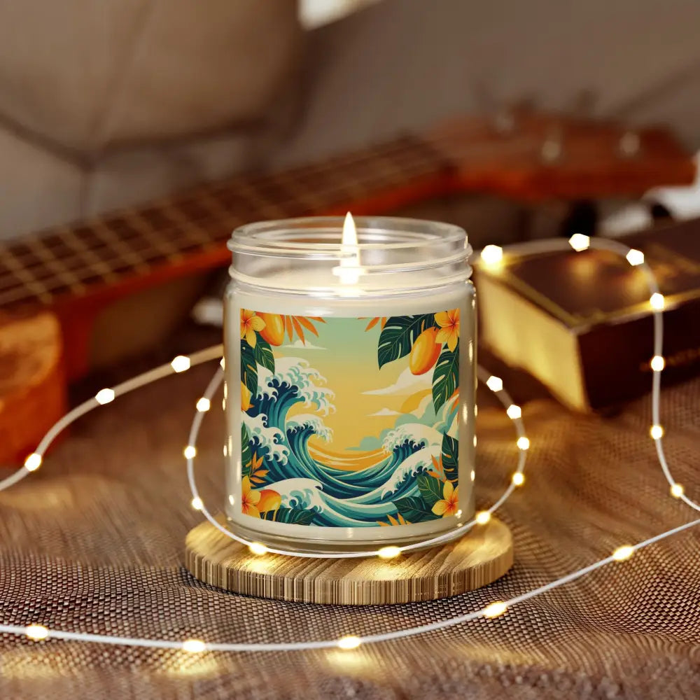 Tropical-themed scented candle in Mango Coconut Escape aroma by PixiOnyx Aromatherapy