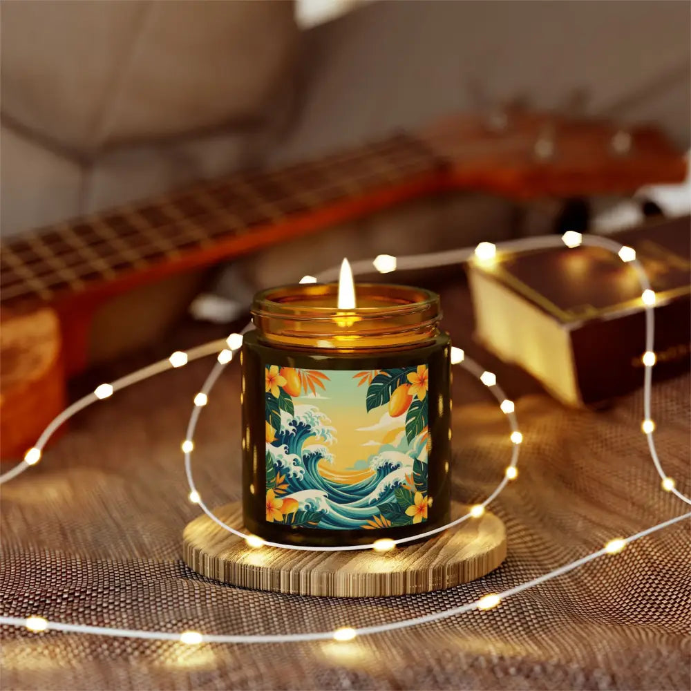 Burning tropical-themed Mango Coconut Escape Scented Candle in PixiOnyx Aromatherapy Jar