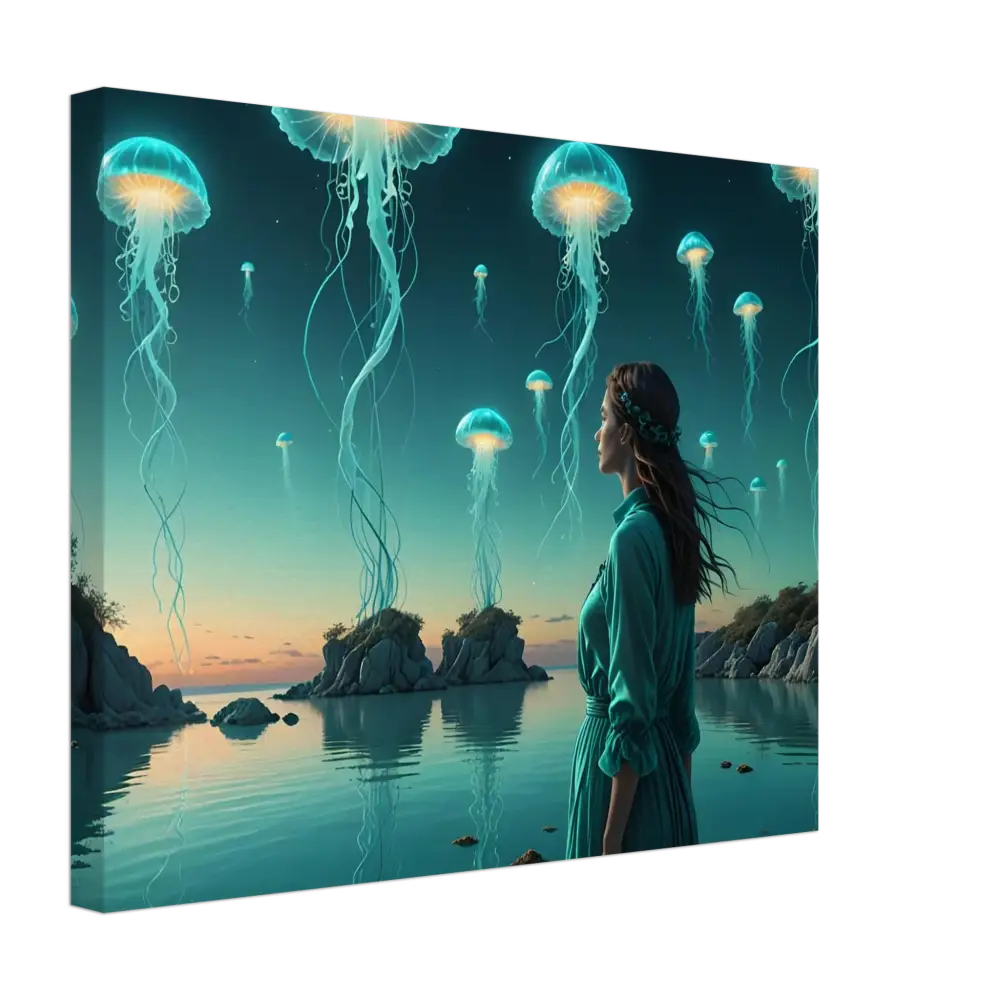 Turquoise Ascension Canvas featuring a woman gazing at luminous jellyfish in a surreal lagoon scene
