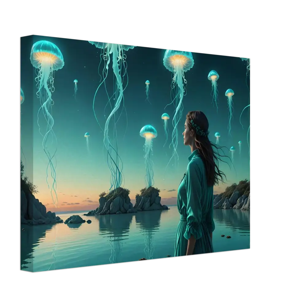 Fantasy jellyfish canvas art in turquoise for Surreal Lagoon Fantasy Wall Art by PixiOnyx
