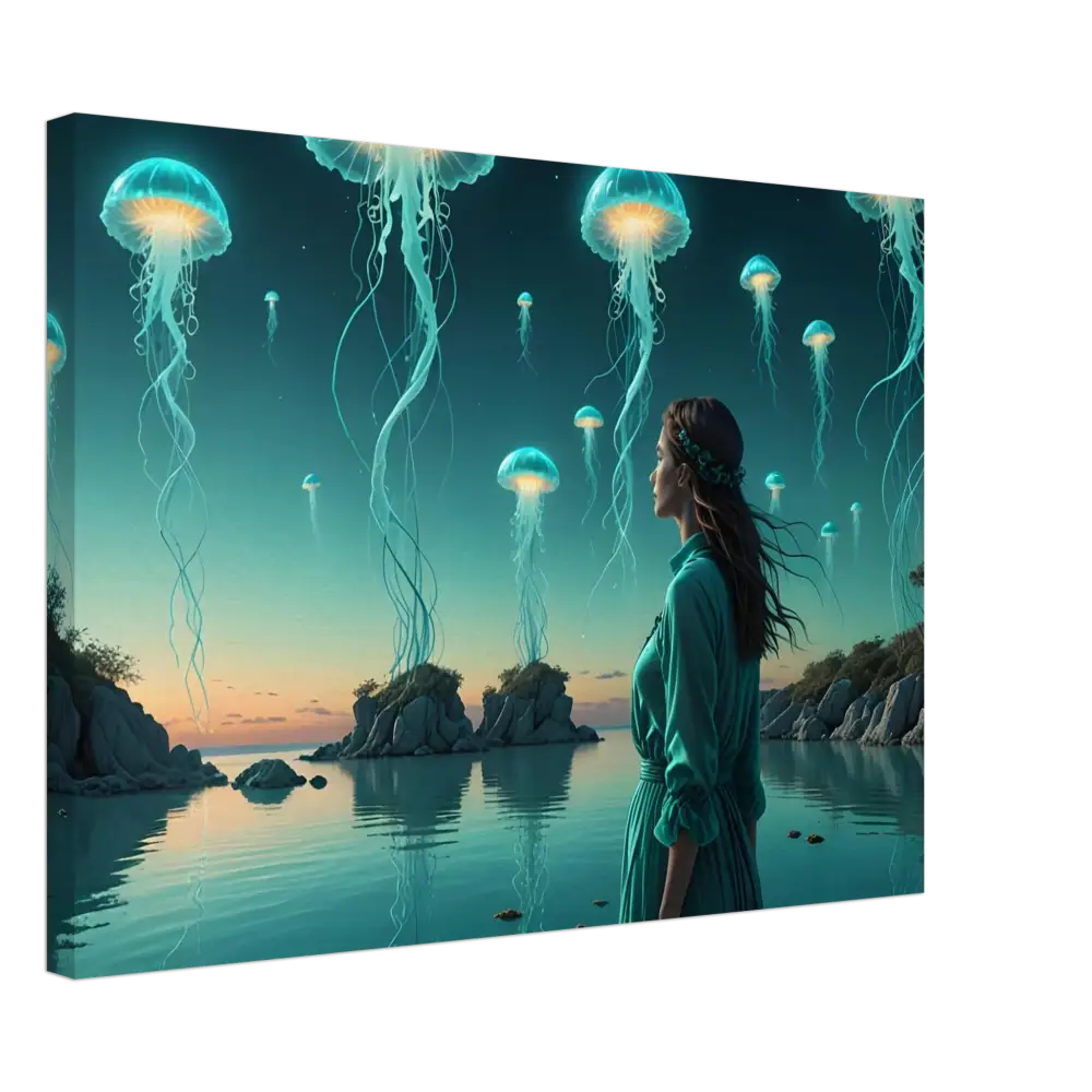 Turquoise Ascension Canvas art of a woman gazing at glowing bioluminescent jellyfish