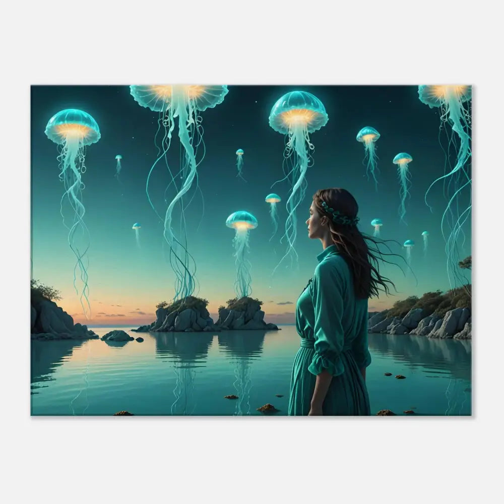 Surreal jellyfish seascape with woman on Turquoise Ascension Canvas Wall Art