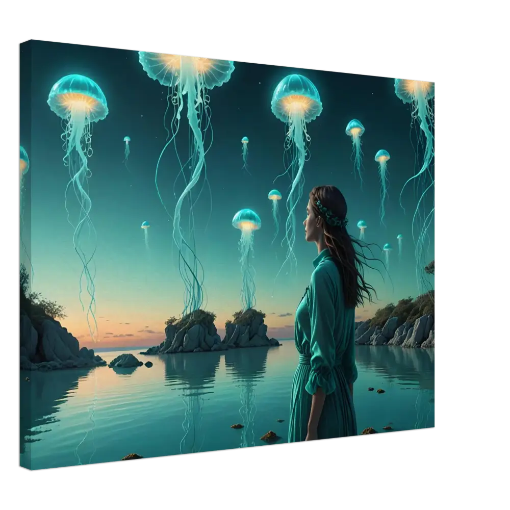 Turquoise Ascension Canvas featuring a woman gazing at glowing jellyfish in a surreal lagoon