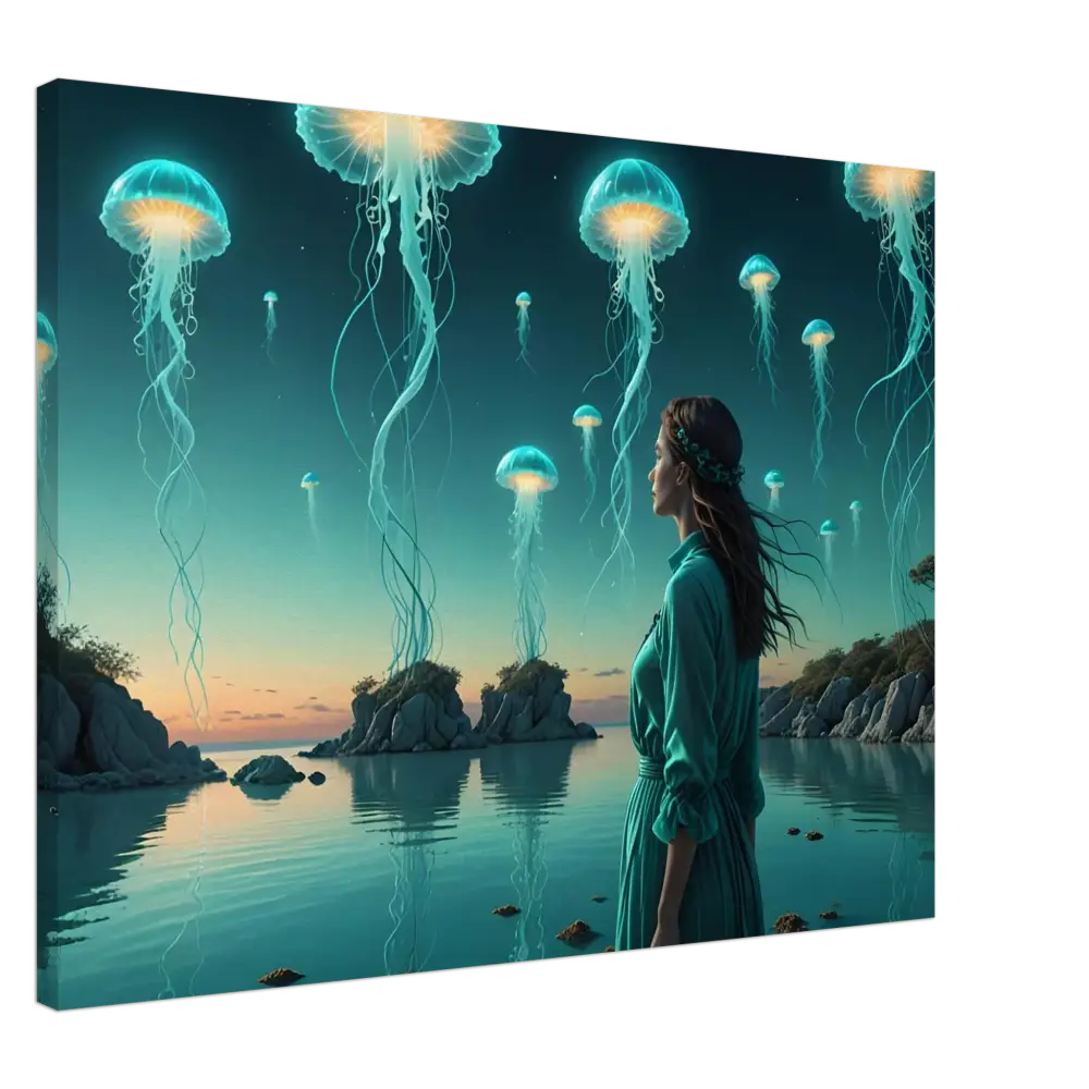 Turquoise Ascension Canvas showcasing a woman gazing at glowing jellyfish in a surreal lagoon scene