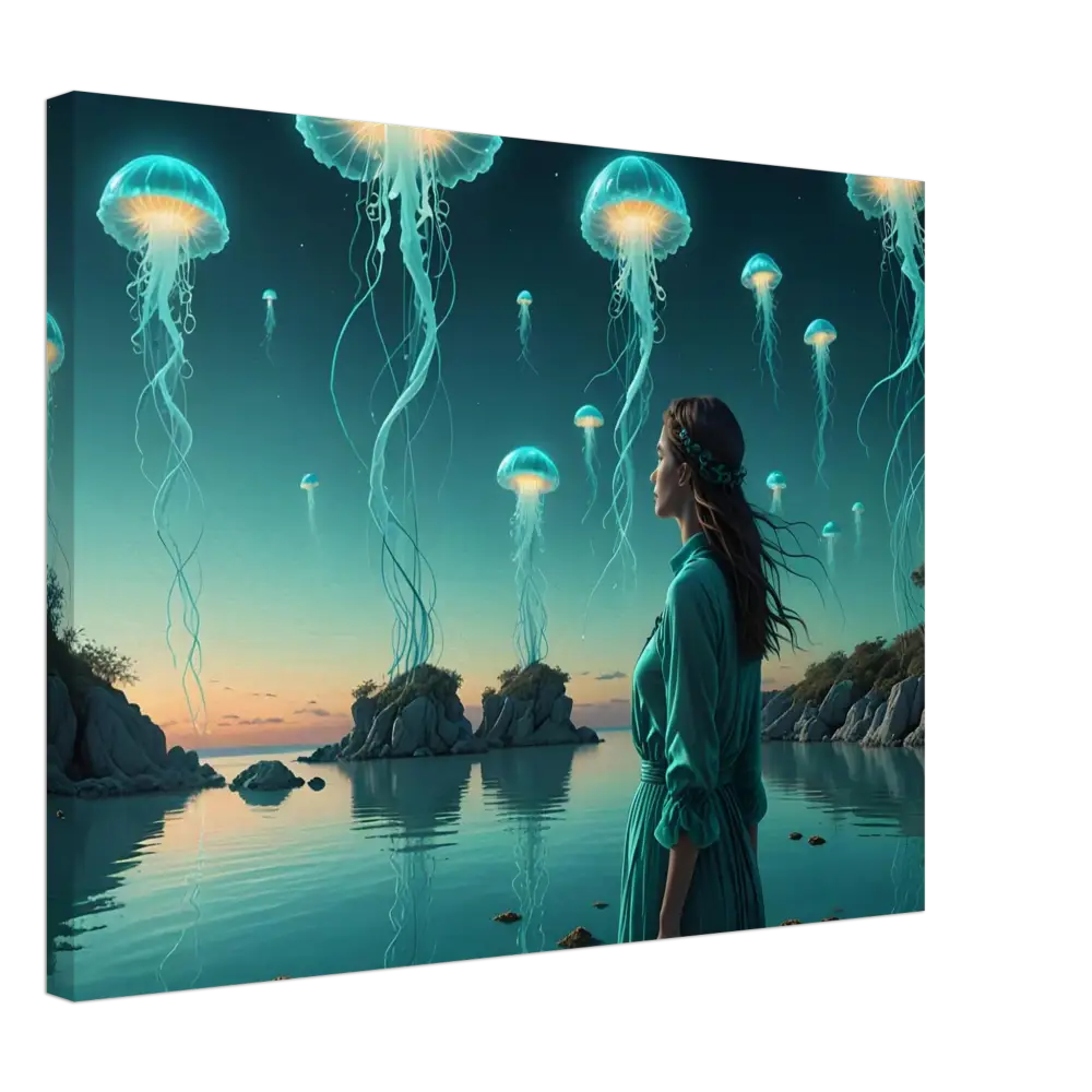 Dreamlike jellyfish seascape canvas art for Turquoise Ascension Wall Decor