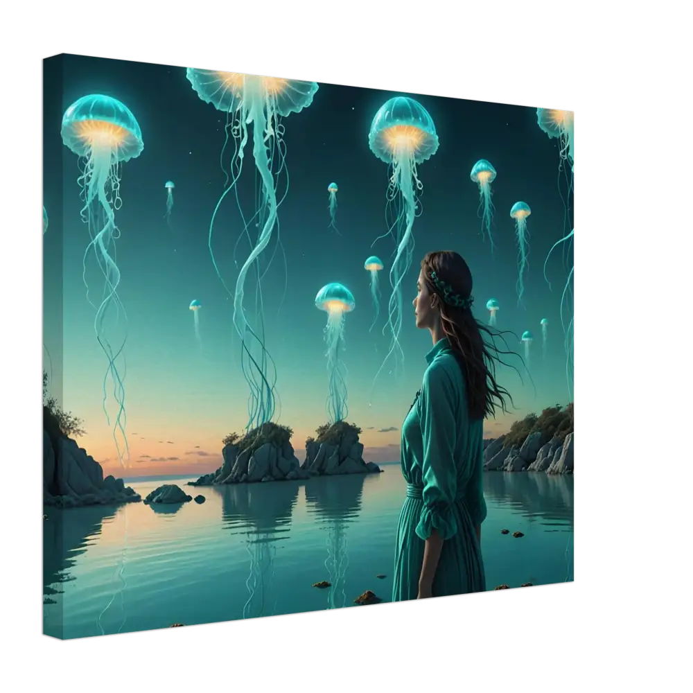 Fantasy jellyfish canvas art for Turquoise Ascension Surreal Lagoon Wall Decor