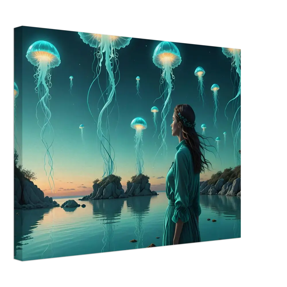 Turquoise Ascension Canvas Wall Art featuring a woman gazing at jellyfish in a surreal lagoon