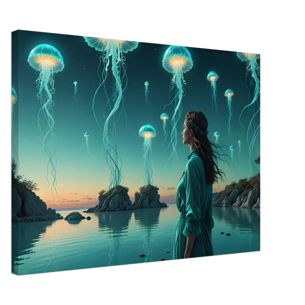 Turquoise Ascension Canvas wall art featuring a woman gazing at glowing jellyfish