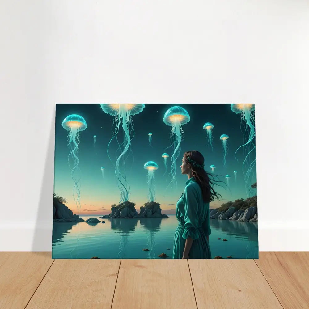 Turquoise Ascension Canvas depicting a woman gazing at luminous jellyfish in a surreal lagoon