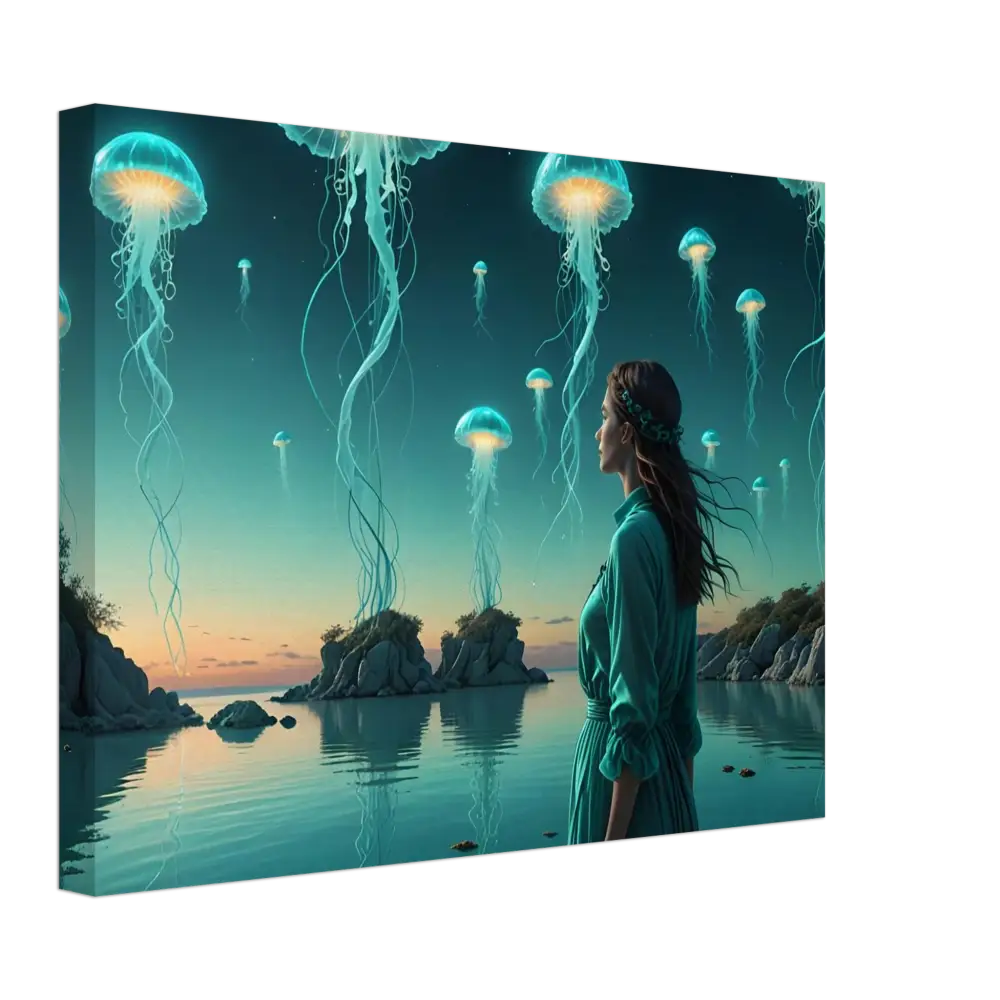 Turquoise Ascension Canvas featuring a woman gazing at glowing jellyfish in a surreal lagoon scene