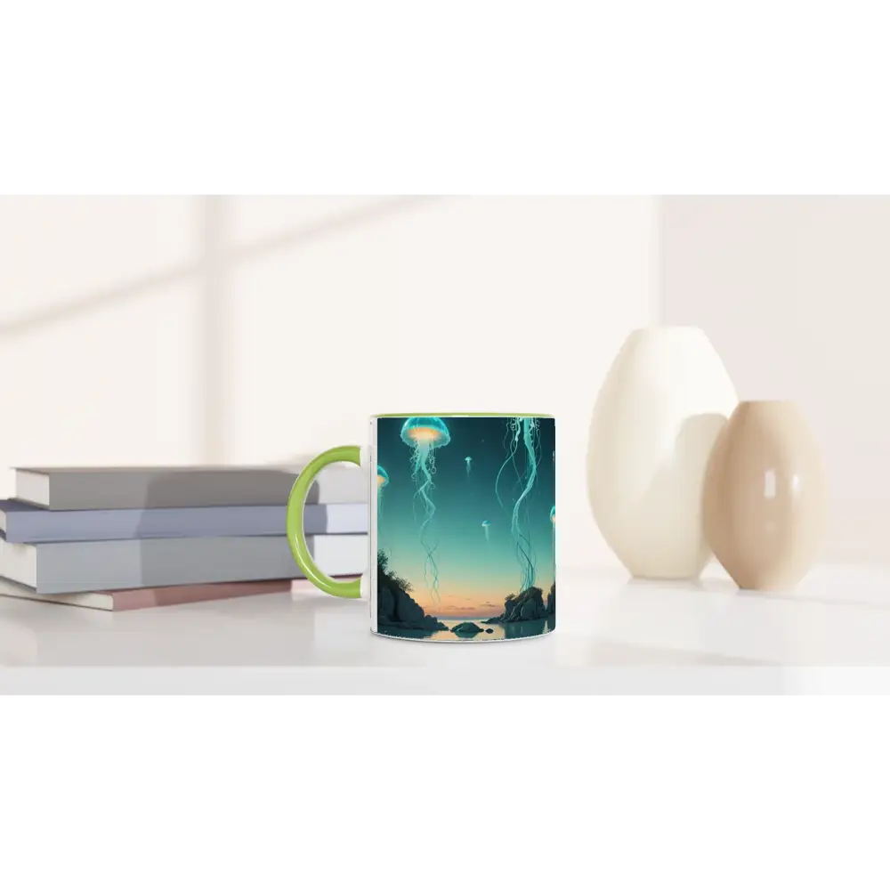 Turquoise Jellyfish Lagoon Mug with Jellyfish design and colorful interior ceramic drinkware