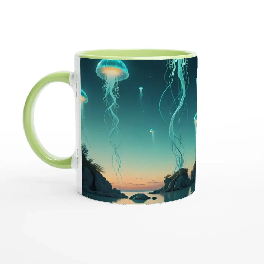 Turquoise Jellyfish Lagoon Mug with Jellyfish design and colorful interior, PixiOnyx ceramic drinkware