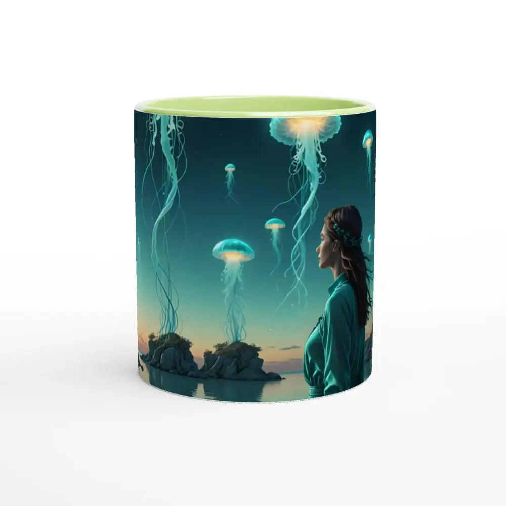 Green-rimmed Mug with Jellyfish Scene from Turquoise Jellyfish Lagoon Mug 11oz PixiOnyx