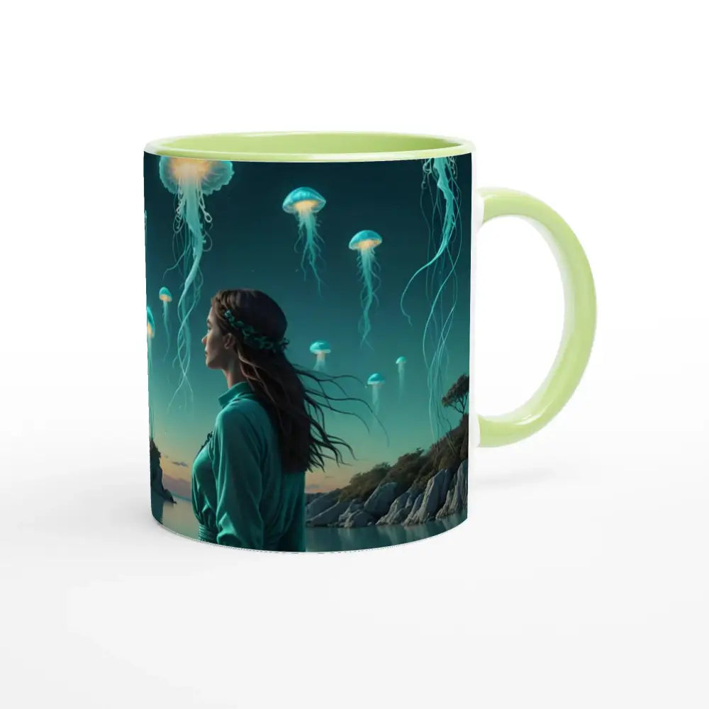 Green-trimmed Turtle-shaped Mug with Jellyfish Scene for Unique Ocean-Themed Drinkware